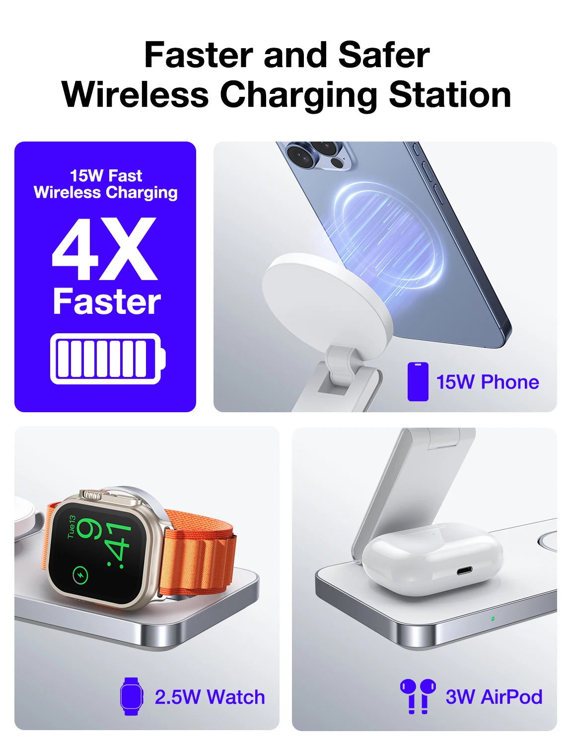 3-in-1 Foldable Magnetic Wireless Charging Station for iPhone, Apple Watch & AirPods